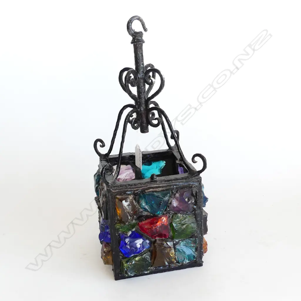 OLD HANGING LAMP LIGHT; CAST IRON AND COLOURED PEBBLED GLASS  Image 1++