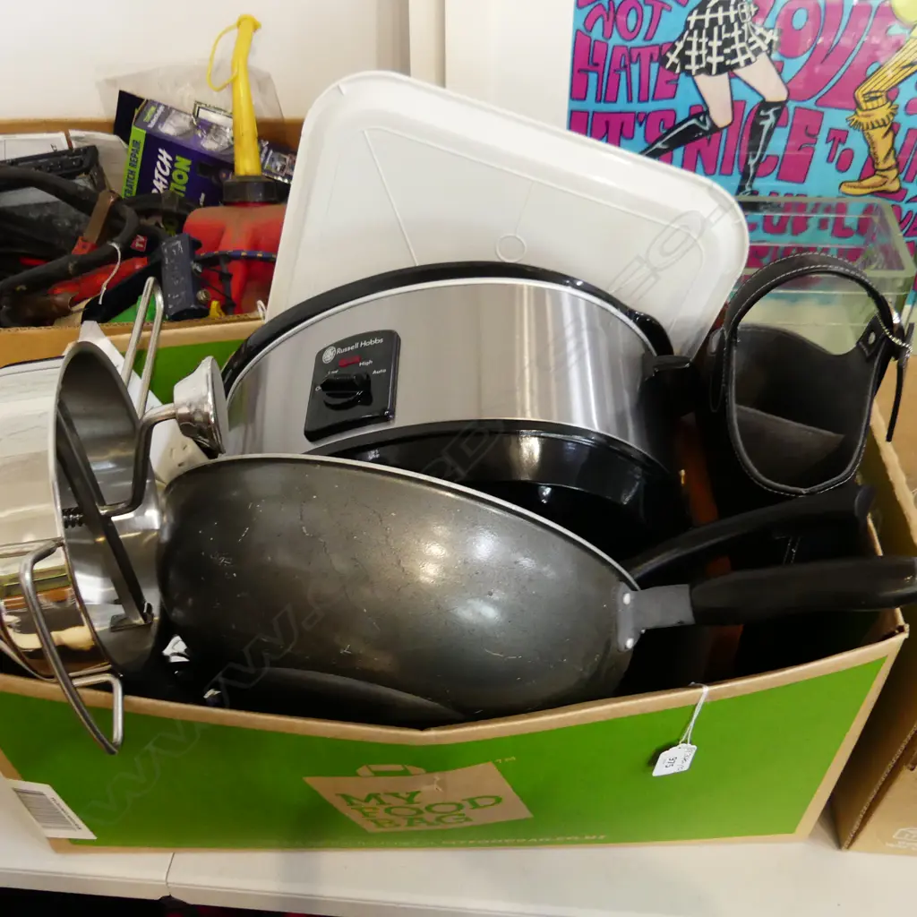 BOX KITCHEN WARE: crock pot. kettle. leather wine bottle holder etc Image 1++
