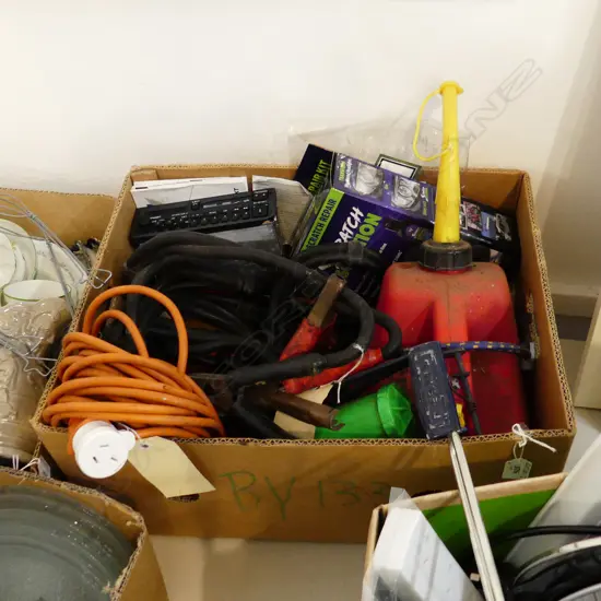 BOX CAR & GARAGE ITEMS: 20m extension cord. 5m heavy duty jumper leads. petrol can. radio. pump etc