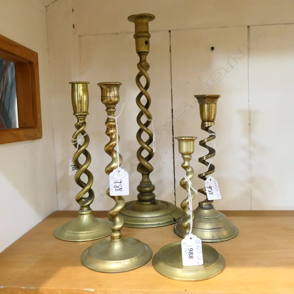 FIVE ' BARLEY TWIST ' BRASS CANDLESTICKS. TALLEST 365 SMALLEST 160mm Image 1++