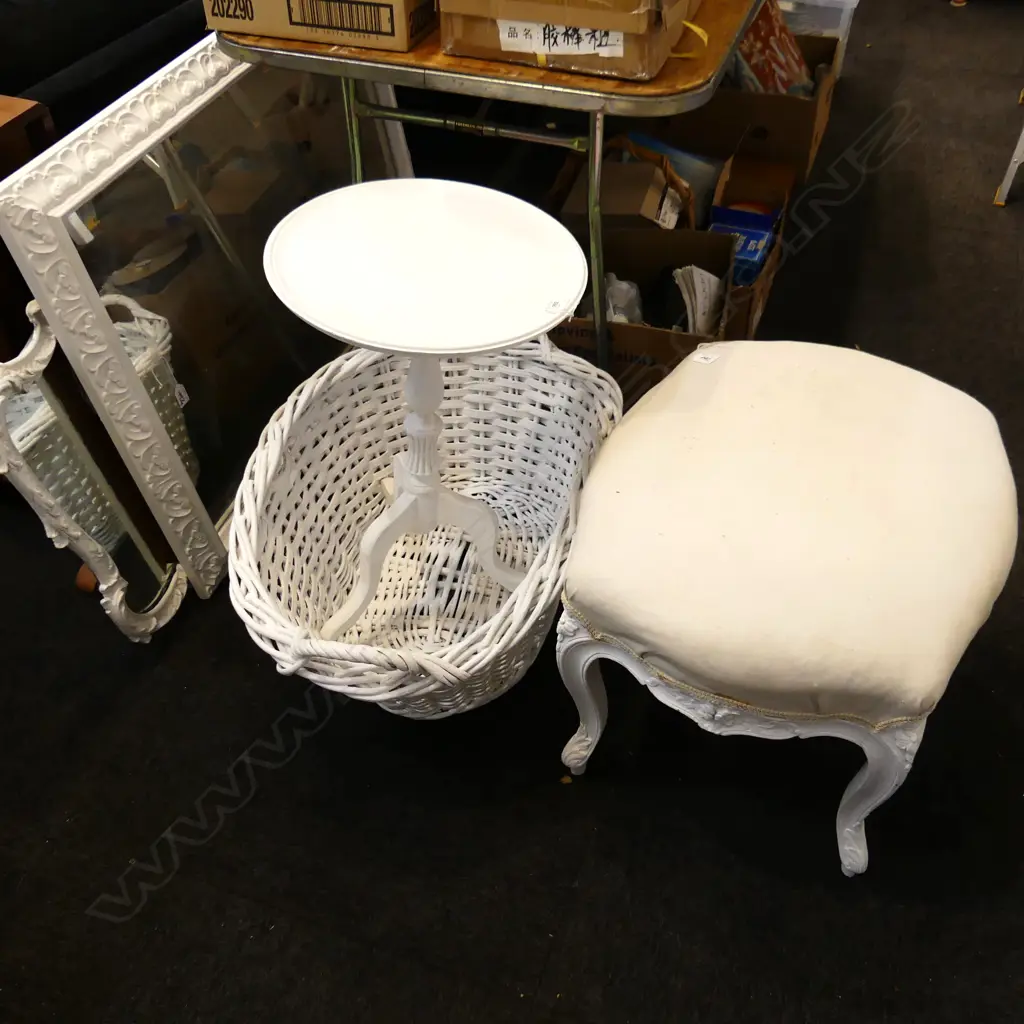 5 WHITE PAINTED PCES; 2 MIRRORS 1000x680mm, TABLE, BASKET, OTTOMAN Image 1++