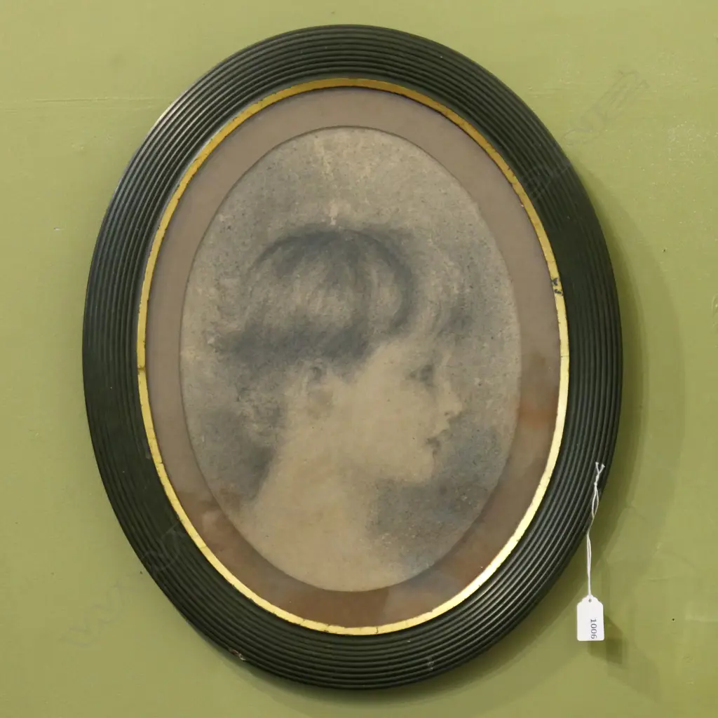 ORIGINAL CHARCOAL SKETCH OF YOUNG GIRL IN OVAL REEDED FRAME 435X550mm Image 1++