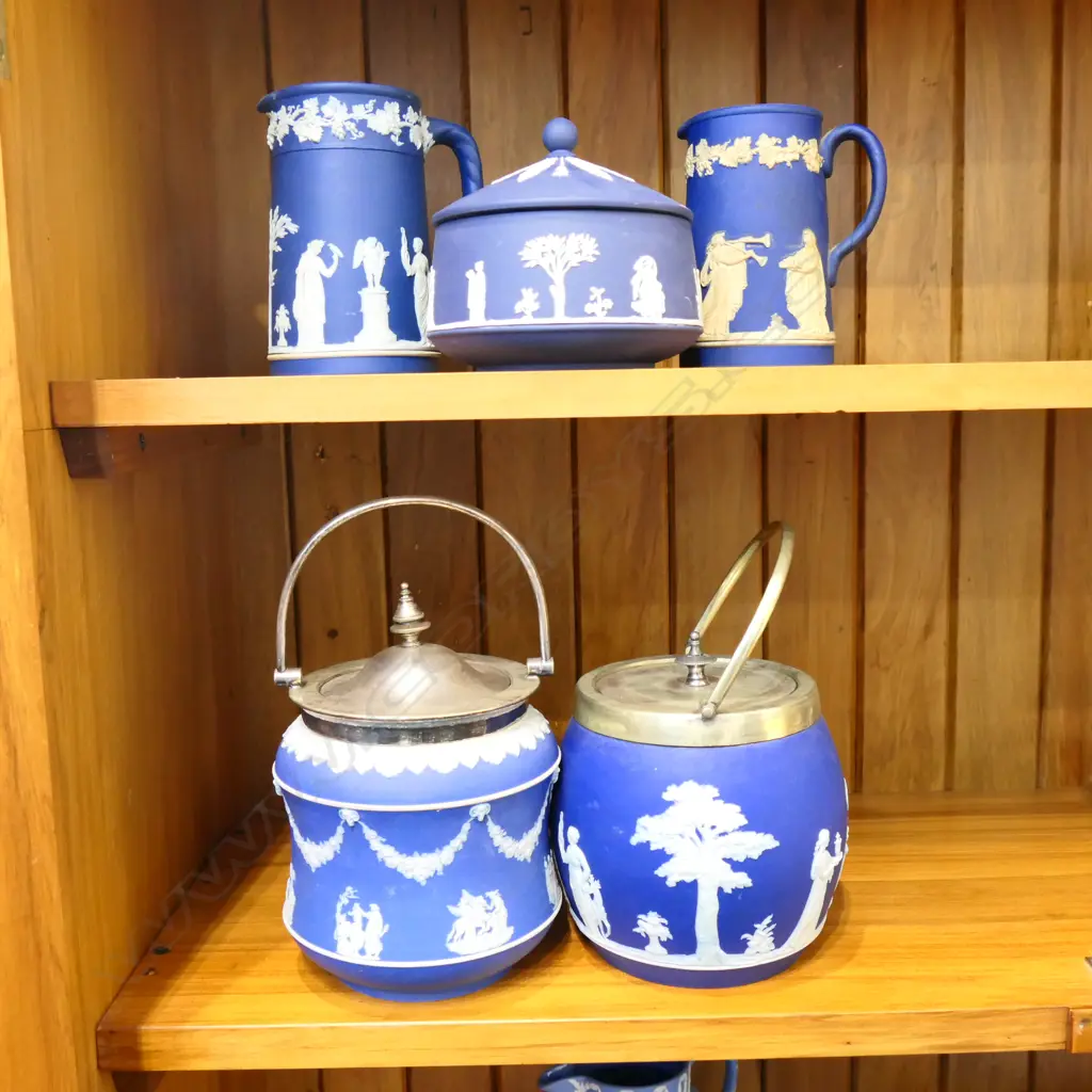 BOX LOT WEDGWOOD JASPERWARE TWO BISQUIT BARRELS JUGS ETC.  Image 1++