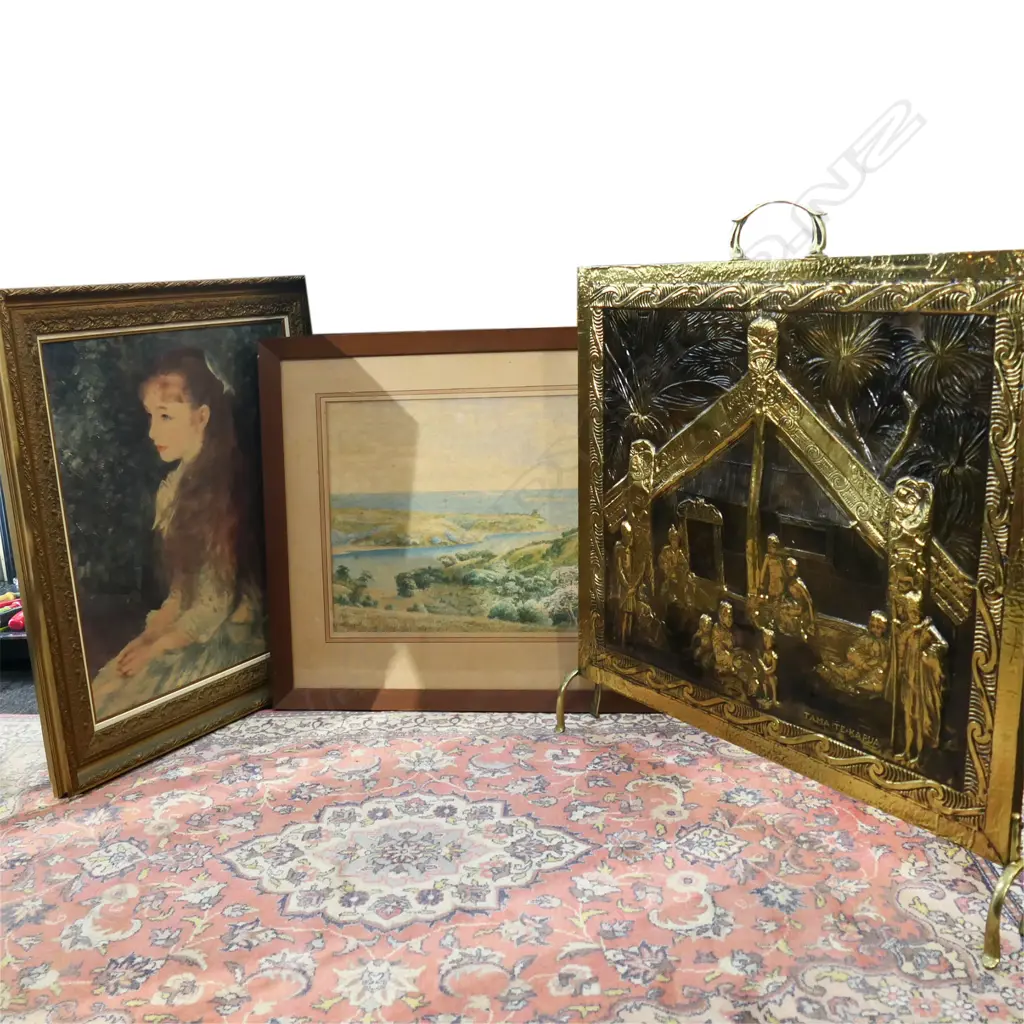 3 ITEMS: BRASS FIRESCREEN OF MAORI KAINGA (VILLAGE ), ND CONNELL 'WAIHEKE' W/COLOUR, RENOIR PRINT Image 1++