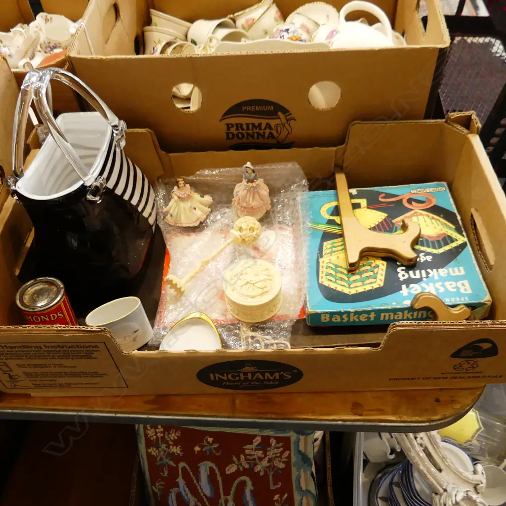 BOX LOT IVORY PUZZLE BALL, LIDDED CONTAINER, 2 DRESDEN LADIES, ART GLASS BAG, COMPLETE PRE PATENT MONOPOLY GAME SET Image 1++