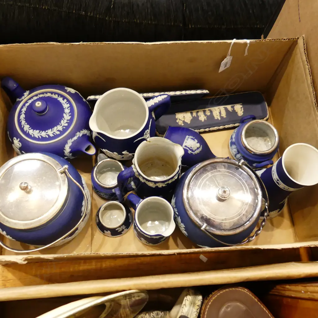 BOX LOT OF WEDGWOOD JASPERWARE TWO BISQUIT BARRELS TEAPOT JUGS ETC  Image 1++