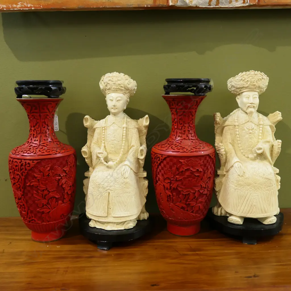 TWO CINNABAR TYPE CHINESE VASES ON STANDS H.290mm & TWO RESIN CHINESE FIGS MALE FEMALE COURT TYPES. H.310mm Image 1++