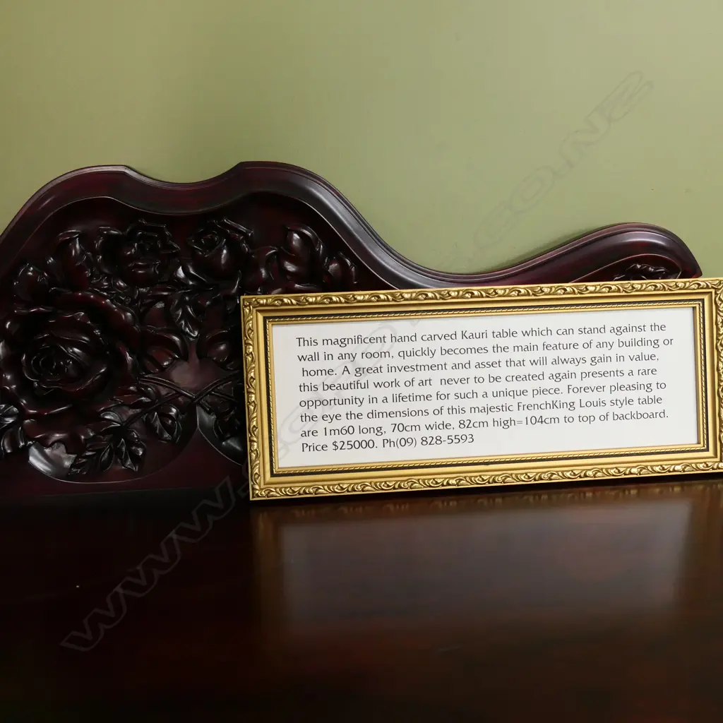 HAND CARVED STAINED KAURI HALL TABLE 1600x700x1040mm Image 1++