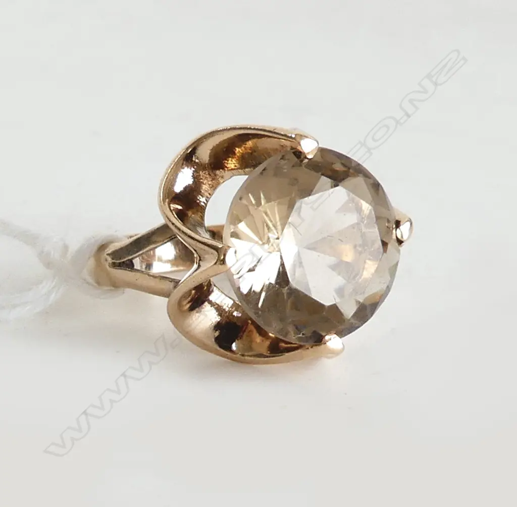 14ct GOLD RETRO RING w SMOKEY QUARTZ STONE, W.6.12gm Image 1++