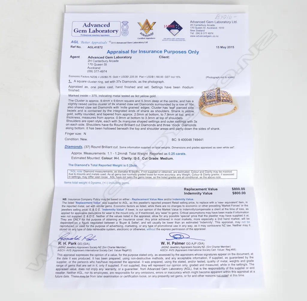 9ct GOLD & DIAMOND SQUARE CLUSTER RING, WITH VALUATION, SIZE N Image 1++