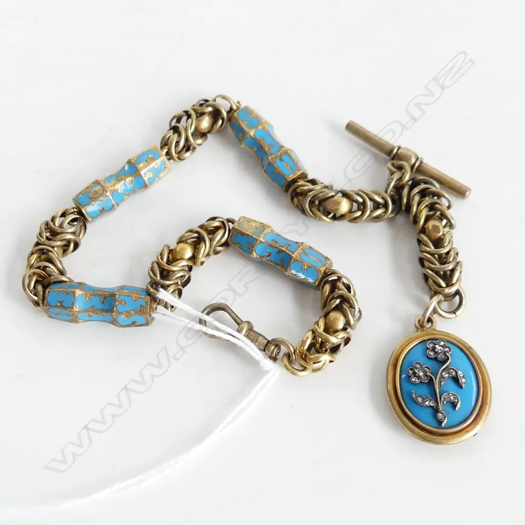 15CT GOLD (tested)VICTORIAN & blue ENAMEL ALBERT CHAIN 31Gms. Some faults to enamel Image 1++