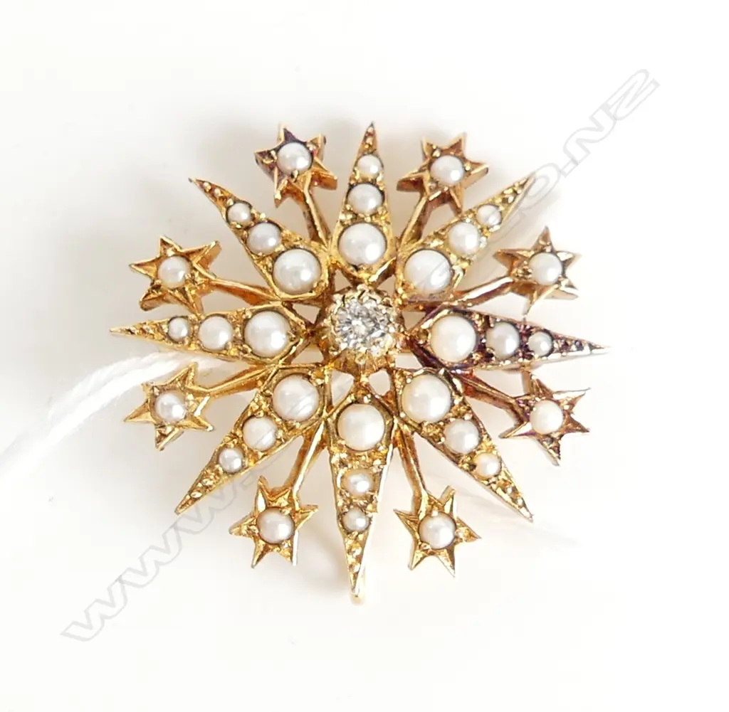 15ct GOLD EDWARDIAN STAR PENDANT/BROOCH, SEED PEARLS & DIAMOND Image 1++