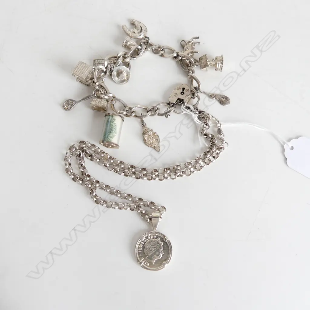 925 SILVER CHAIN w. COIN PENDANT + CHARM BRACELET 80 GM Image 1++