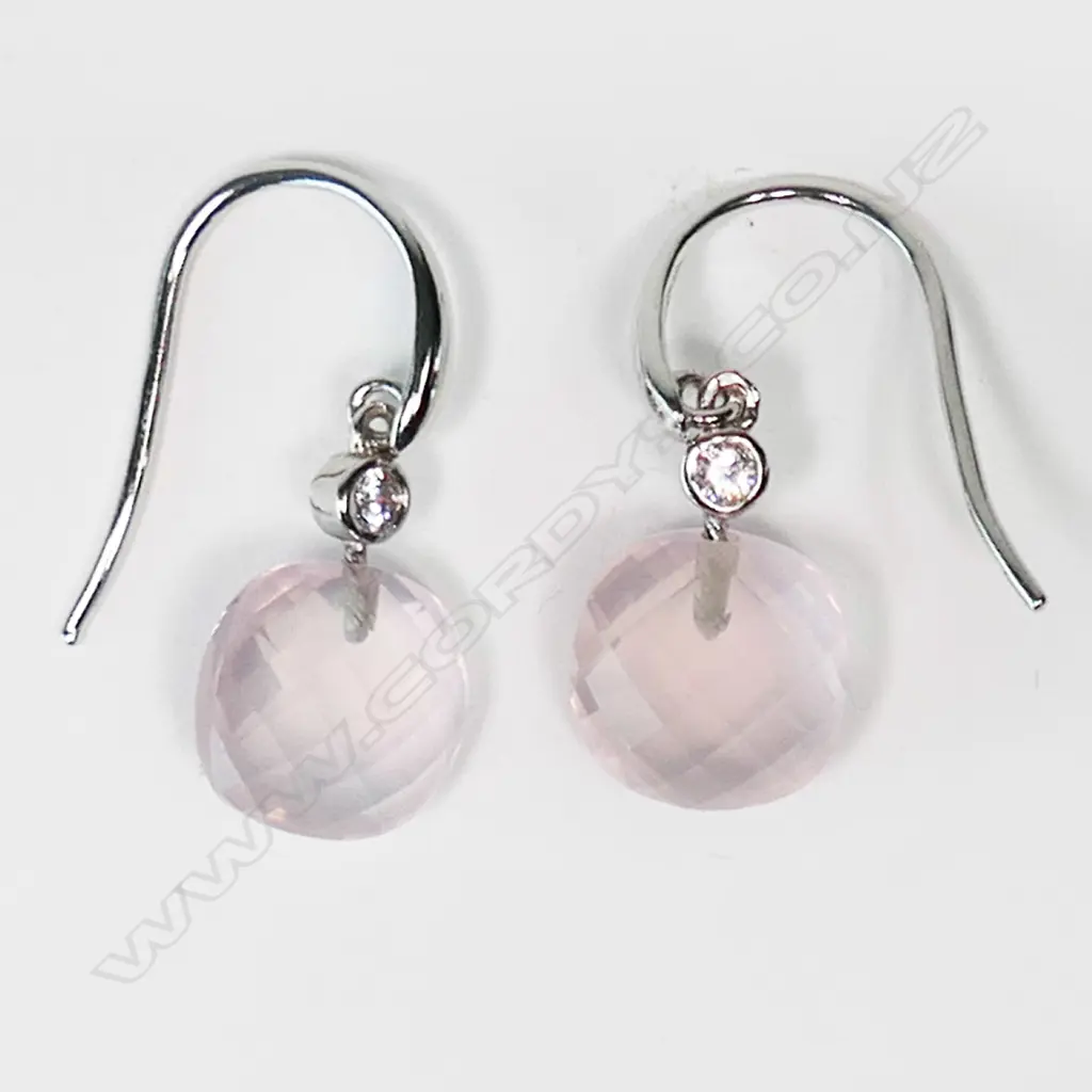 PINK QUARTZ SILVER/CZ DROP EARRINGS Image 1++