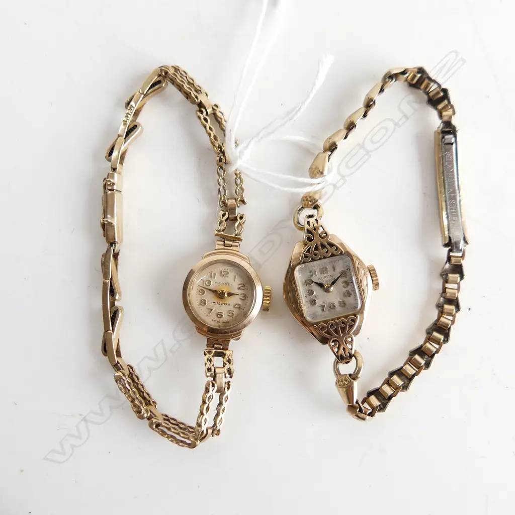 2 9CT VINTAGE WRIST WATCHES: both cases gold + 1 strap. 1 strap plated. Total  22.1 GRAMS Image 1++