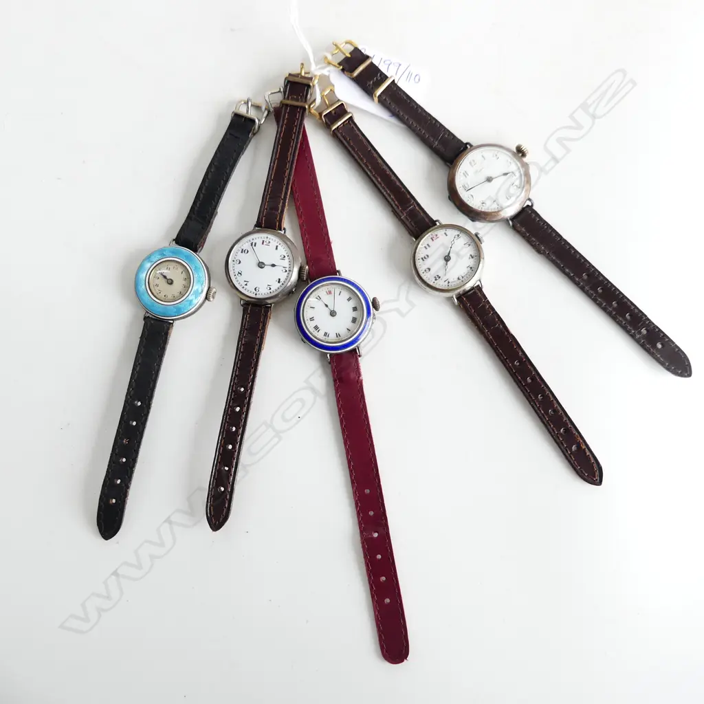 5 ANTIQUE EARLY 20thC WRIST WATCHES - ROUND FACES Image 1++