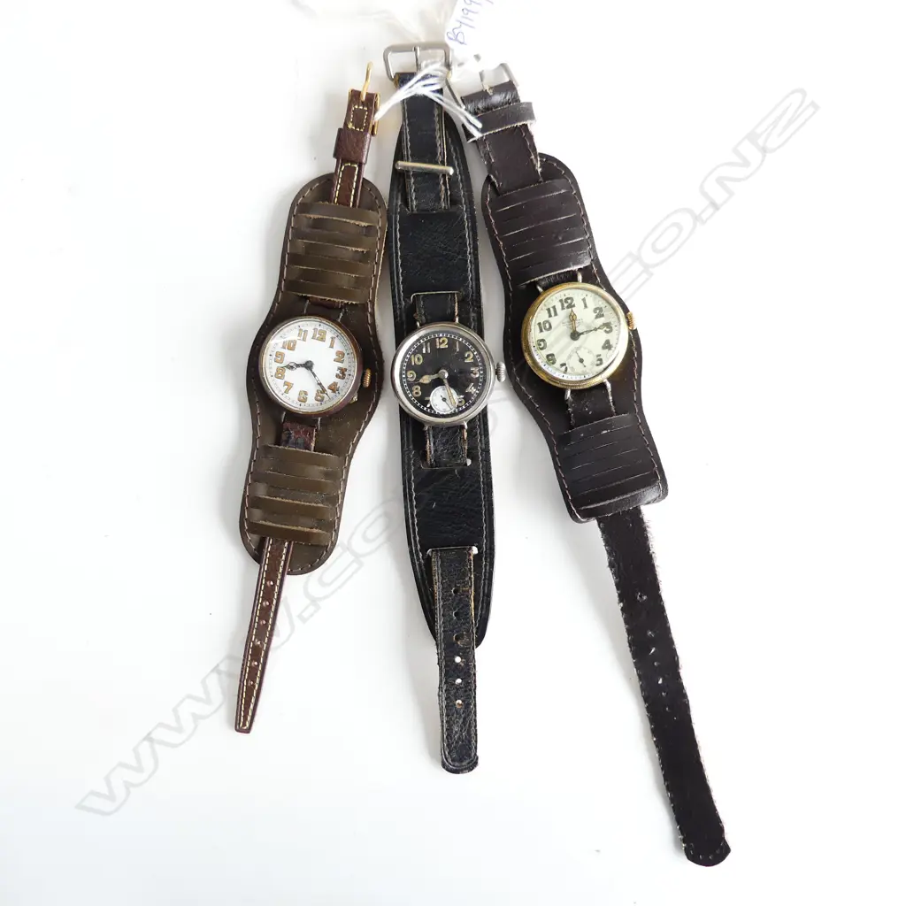 3 ANTIQUE WRIST WATCHES w. WIDE LEATHER STRAPS Image 1++