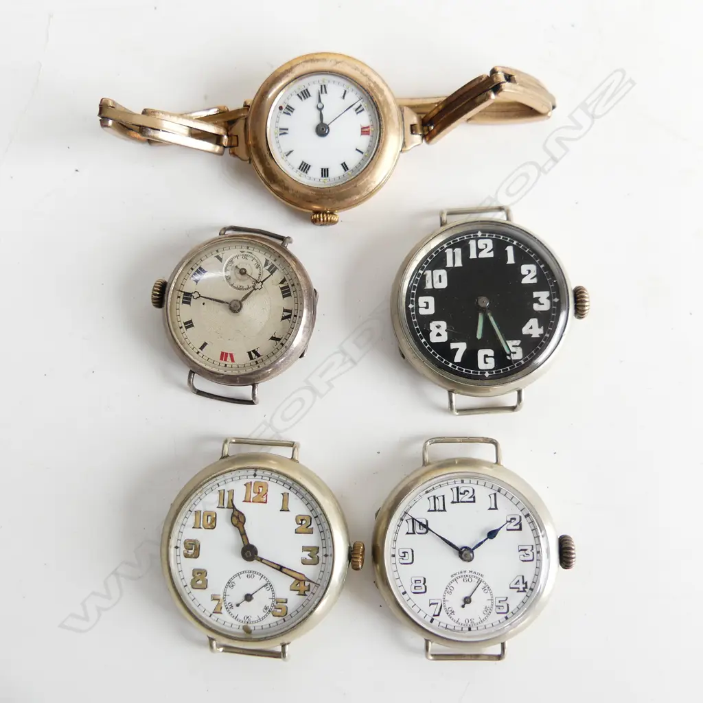 5 ANTIQUE EARLY 20thC WRIST WATCHES - ROUND FACES, SOME RUNNING Image 1++