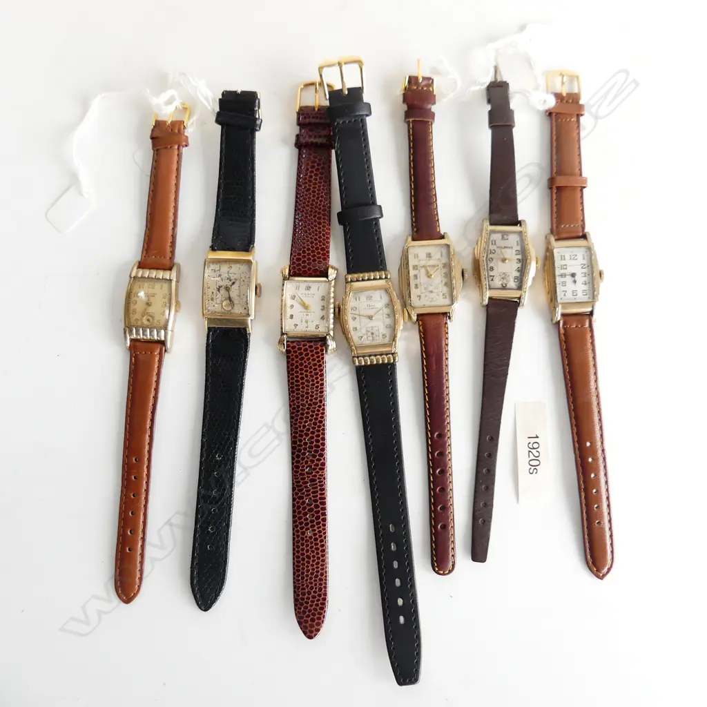 7 ANTIQUE DECO GOLD PLATE WRIST WATCHES w. NEW STRAPS Image 1++