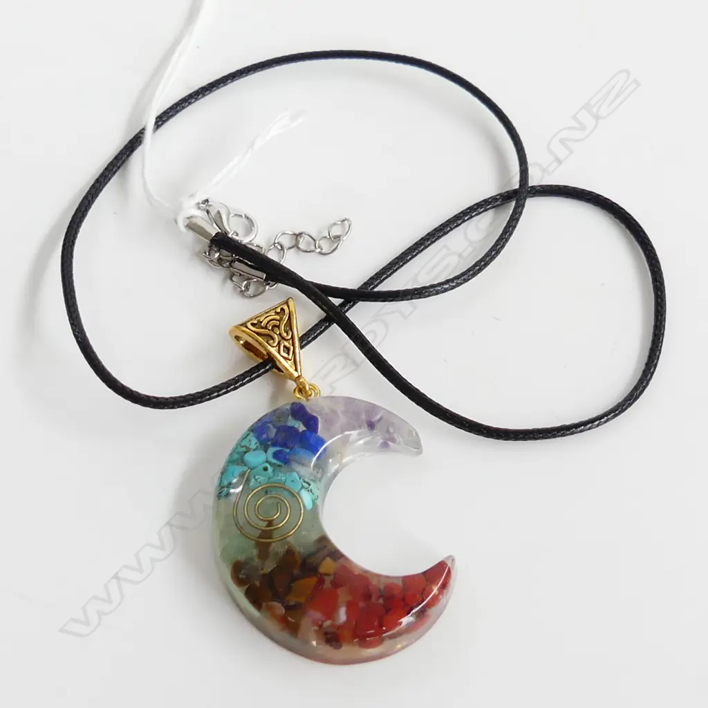 RESIN CRESCENT MOON PENDANT DEPICTING ENERGY, LEATHER NECKLACE Image 1++