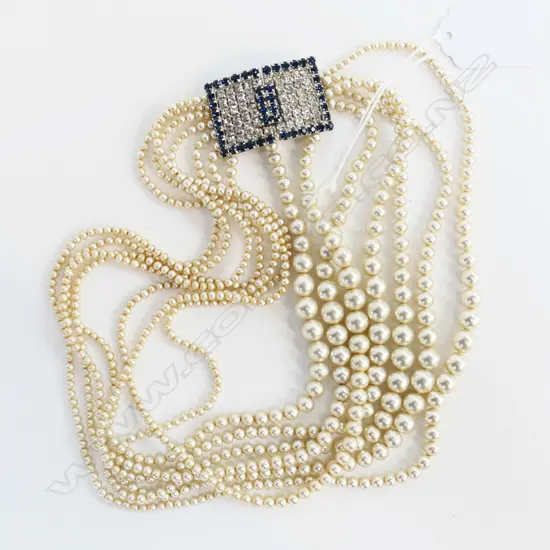COSTUME 7 STRAND PEARL NECKLACE w. DIAMANTE CLASP