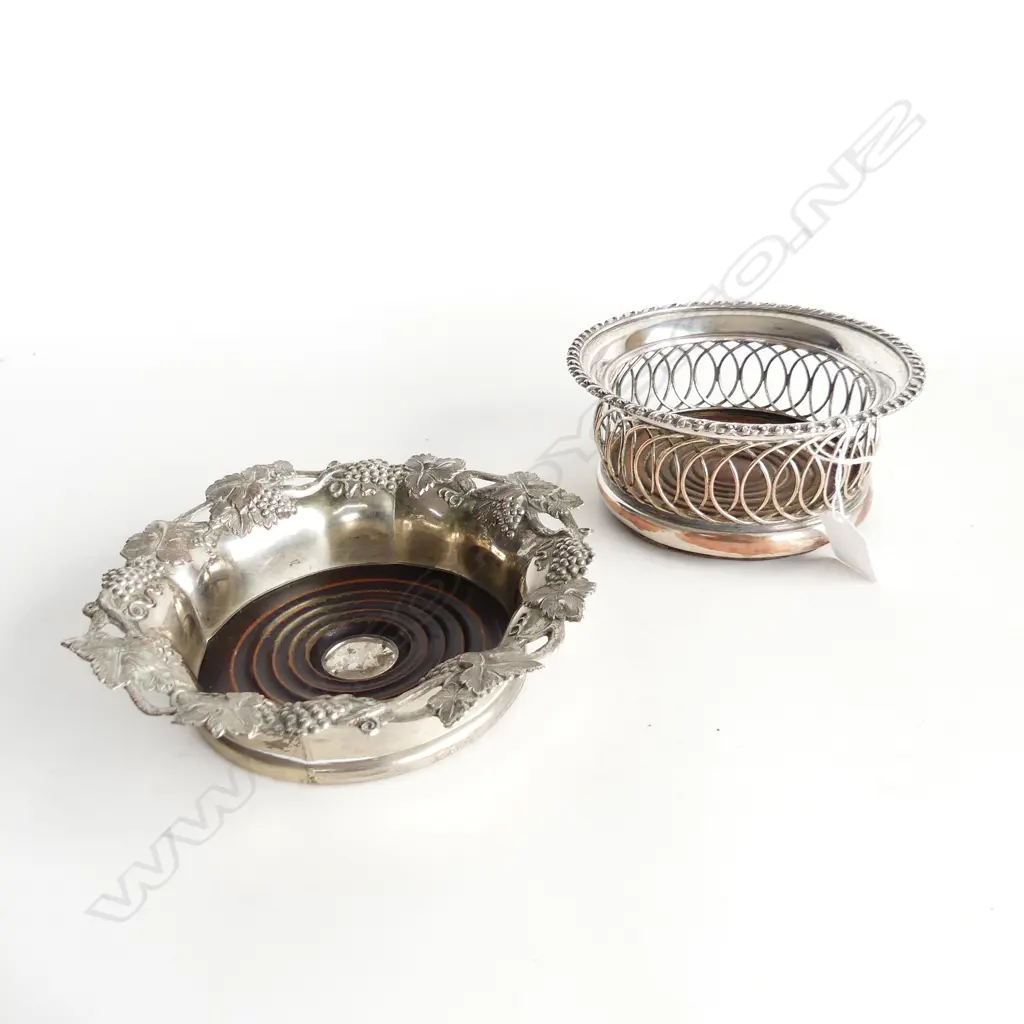 2 SILVER PLATE WINE COASTERS, 1 VINE LEAF DESIGN Image 1++