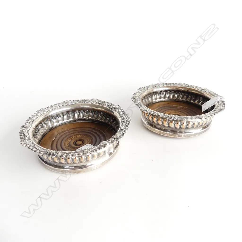 PAIR OLD SHEFFIELD PLATE ON COPPER WINE COASTERS HARWOOD BASES.  Image 1++