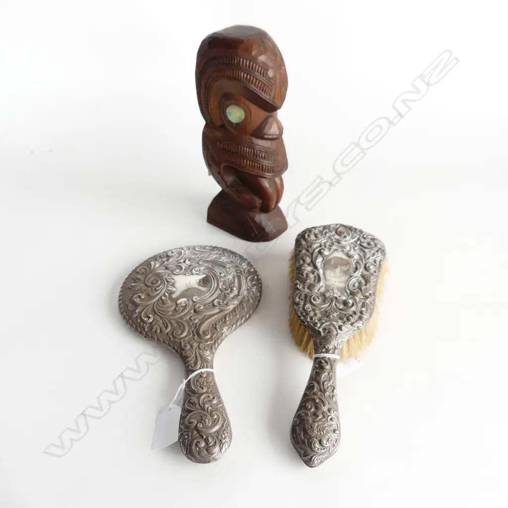 STERLING SILVER BRUSH & MIRROR SET + MAORI CARVED TIKI FIGURE H.220mm Image 1++