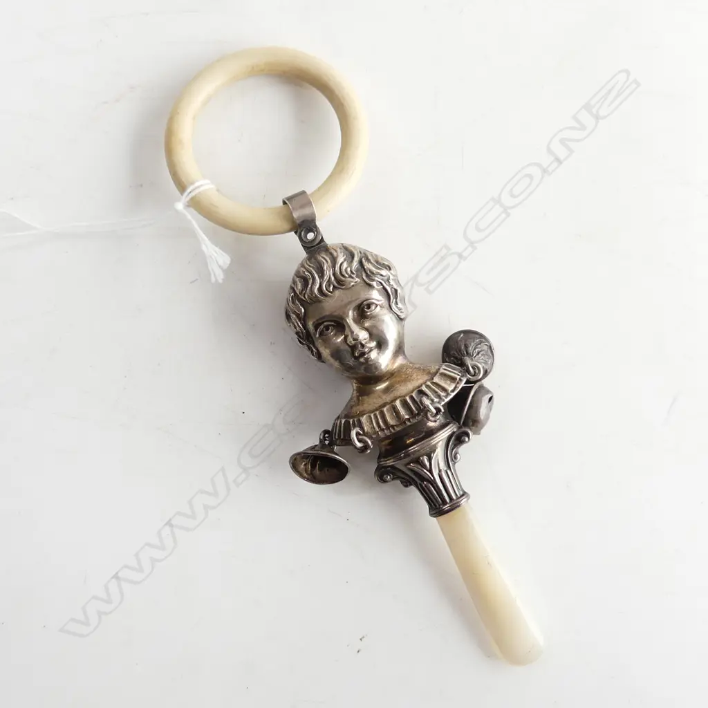STG SILVER BABY RATTLE w. RING, MoP HANDLE & 3 BELLS B'HAM 1924 H.160mm  Image 1++