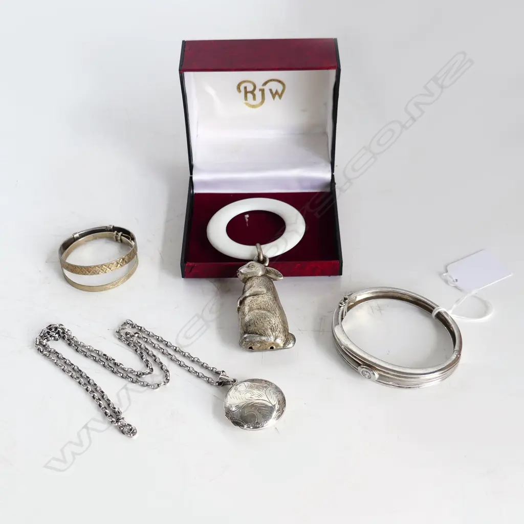 RABBIT BABY RATTLE + 4 PCES STG SILVER; 3 BANGLES & PENDANT NECKLACE 64 GRMS Image 1++