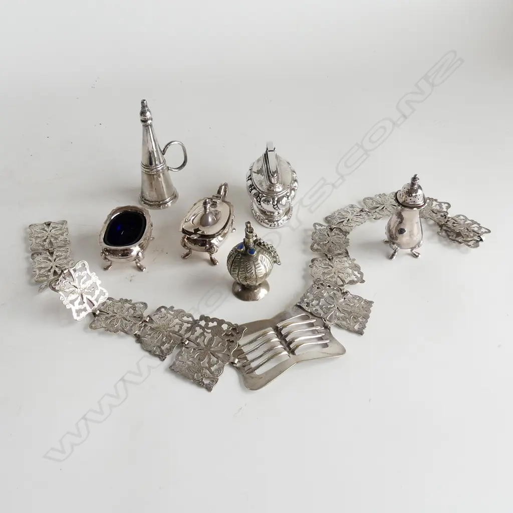 7 PCES EP; 3 PCE CRUET SET, TABLE LIGHTER, CANDLE SNUFF, PERFUME, NURSES BELT Image 1++