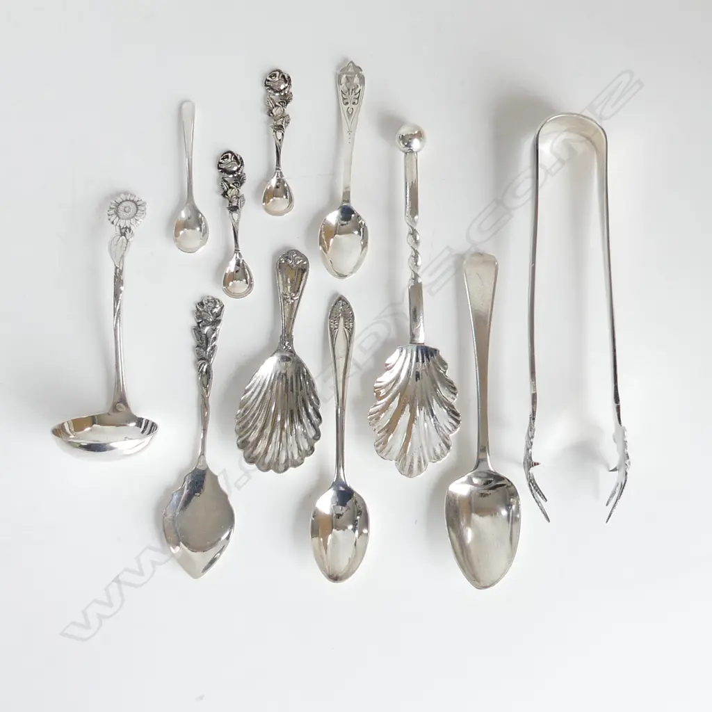 ASSTD SILVER AND SILVER PLATE SPOONS & ICE TONGS Image 1++
