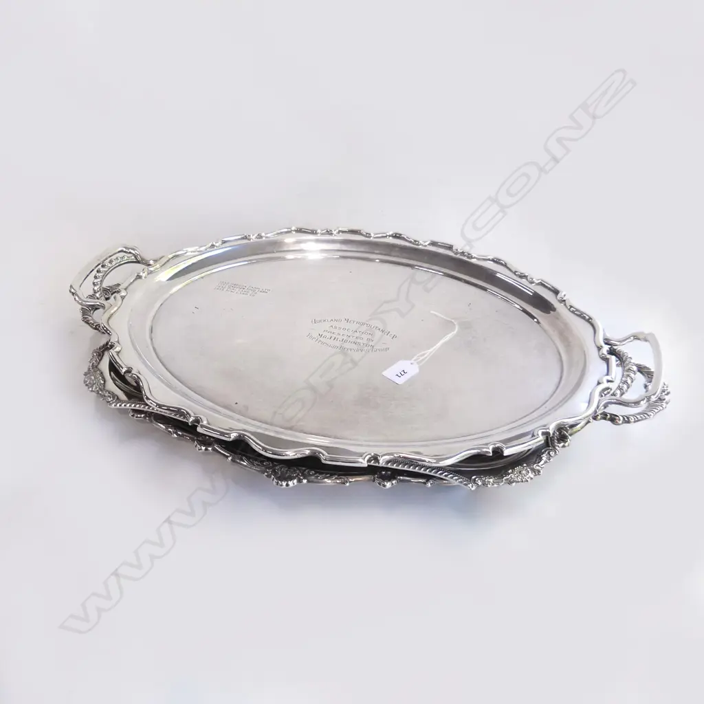 3 VINTAGE SILVER PLATE BUTLER TRAYS W HANDLES Image 1++