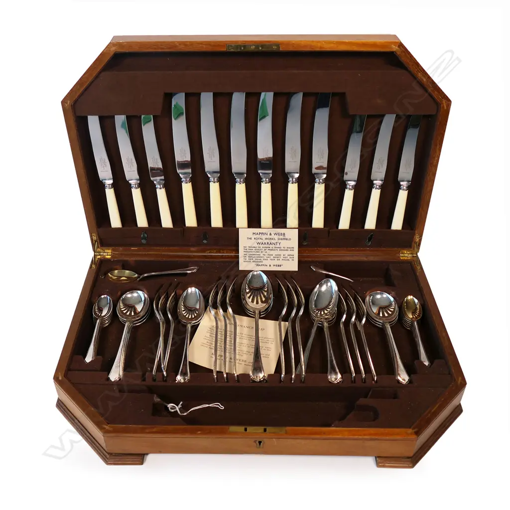 MAPPIN & WEBB COMPLETE 6 PLACE SILVER PLATE CUTLERY CANTEEN, INCL 12 IVORINE HANDLED KNIVES,510 X 320mm Image 1++