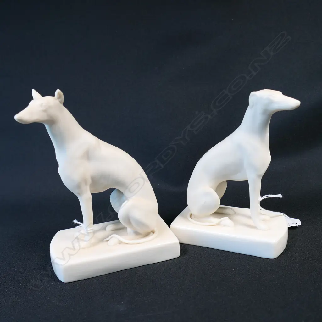 PAIR BELLEEK GREYHOUNDS, EARS UP & DOWN, H.175 & 155mm Image 1++