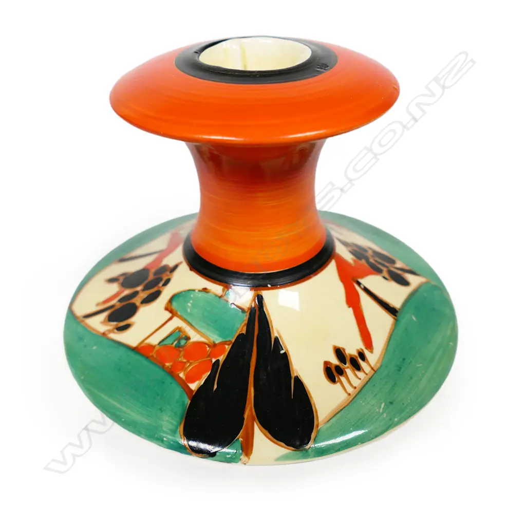 A Clarice Cliff Fantasque 'Red Trees and House' candlestick, Image 1++