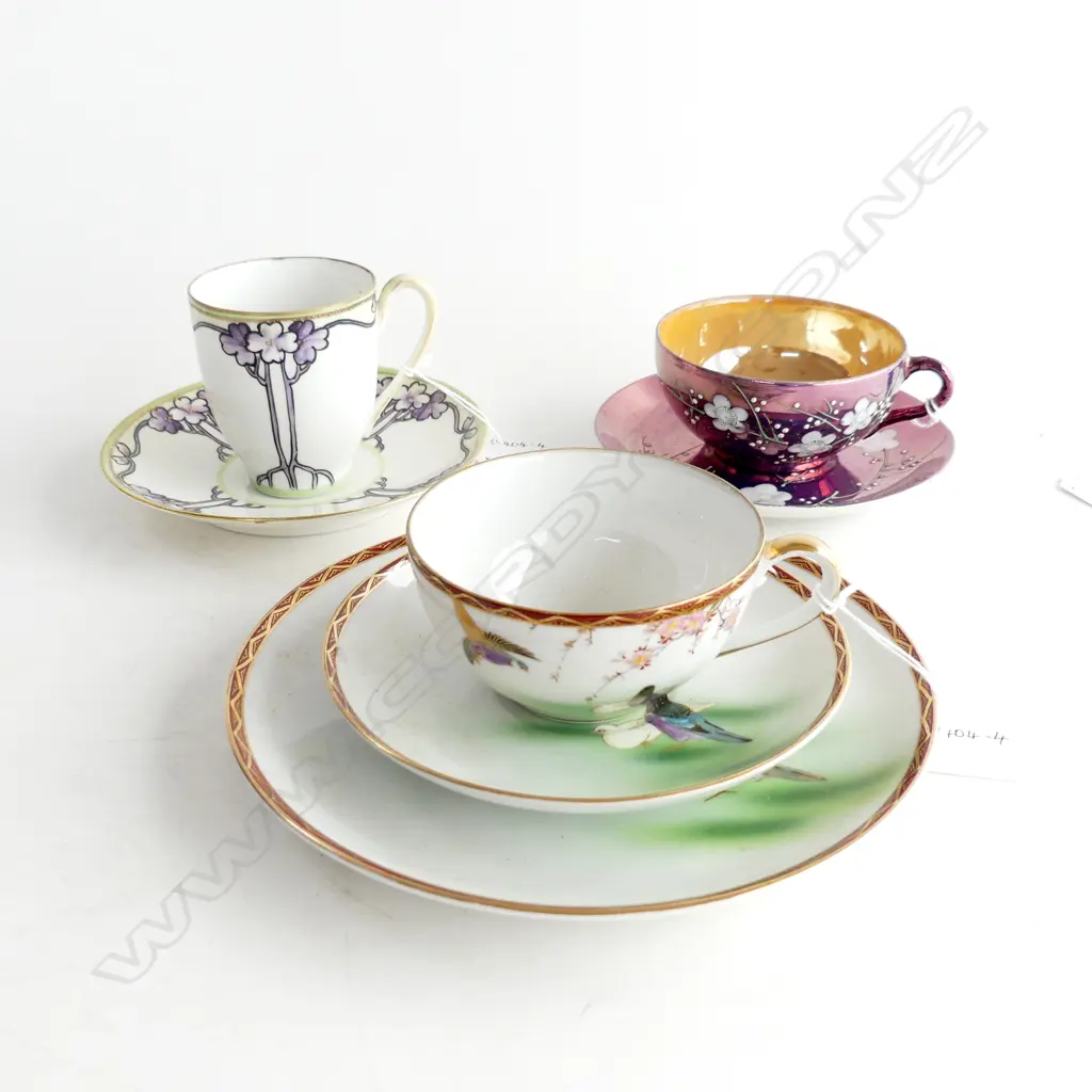 SOHO EGGSHELL TRIO GILDED/HANDPAINTED & CRANBERRY LUSTRE CUP/SAUCER & NIPPON HANDPAIND CUP/SAUCER  Image 1++