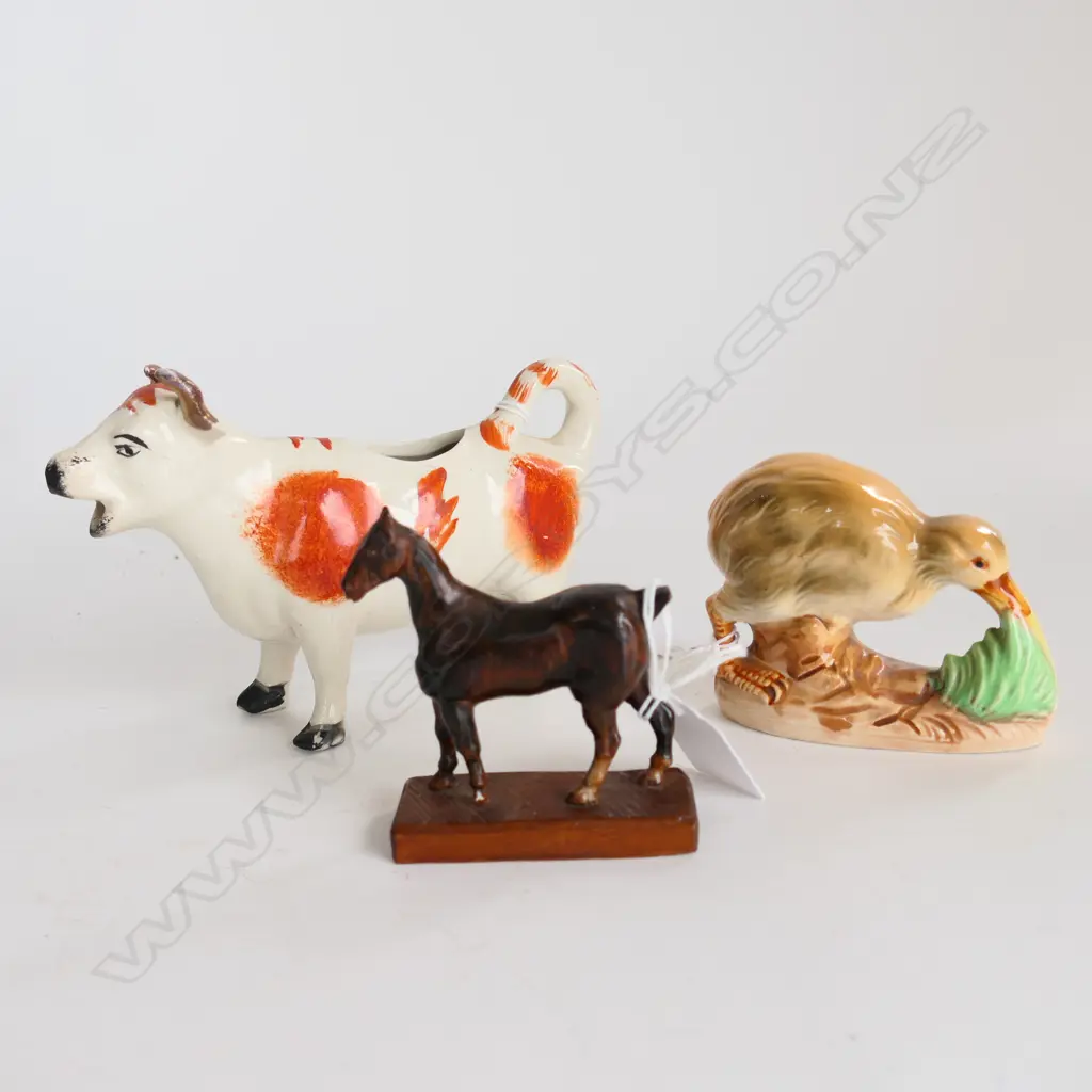 FOREIGN MADE CHINA KIWI OLD, OLD CREAMER + LITLE HANDCARVED WOODEN HORSE BY OLD KIWI BLOKE. 'C.A.CROCE' UNDERNEATH. Image 1++