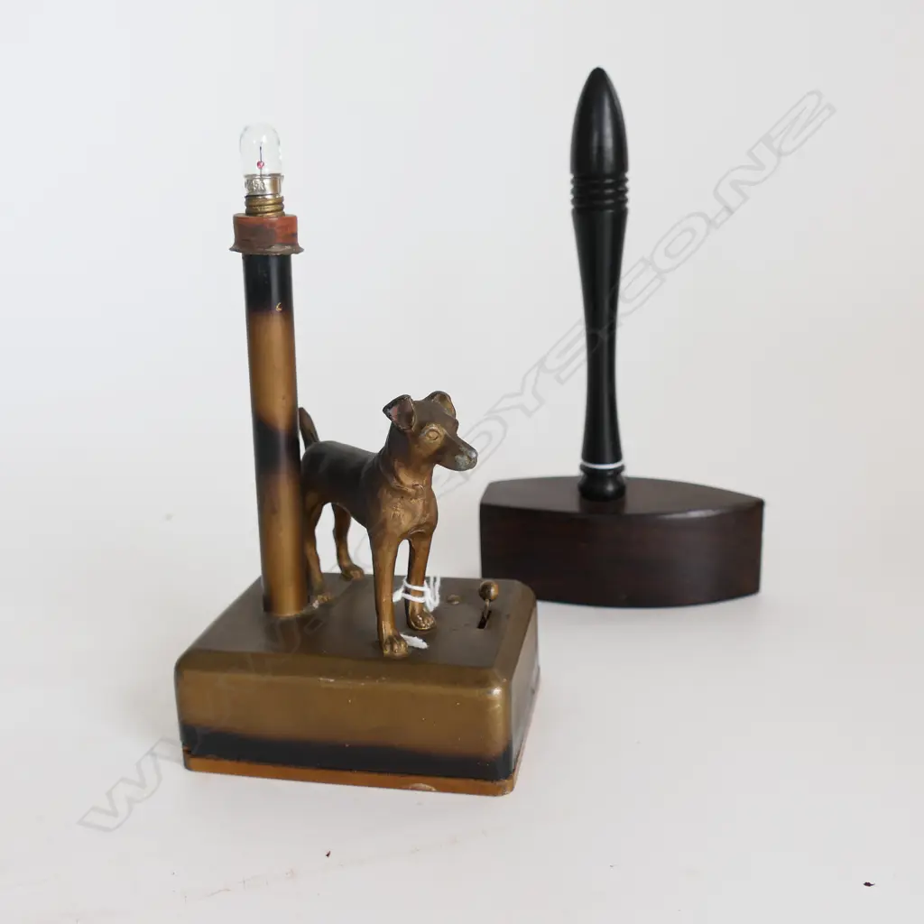 2 ITEMS, JUDGE'S GAVEL IN LIGNUM VITAE & EBONY & DOG BY STREET LAMP ENGLAND 1950S, H.170 not working Image 1++