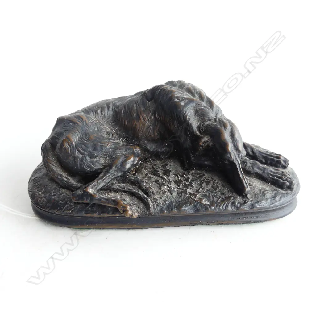 ANTIQUE BRONZE RECLINING DEERHOUND DOG w. CAST SIGNATURE 'GAYRARD LONDON 1848' W.140mm Image 1++