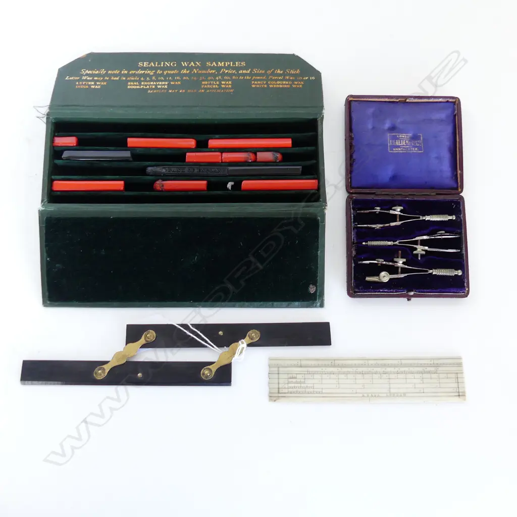2 RULERS; IVORY, EBONY + SEALING WAX, 3 COMPASS BOX SET Image 1++