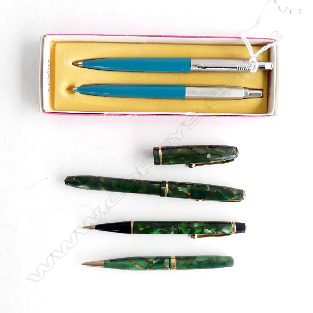 3 CONWAY STEWART PENS/PENCILS & CAP. & 2 PARKER PENS IN BOX Image 1++