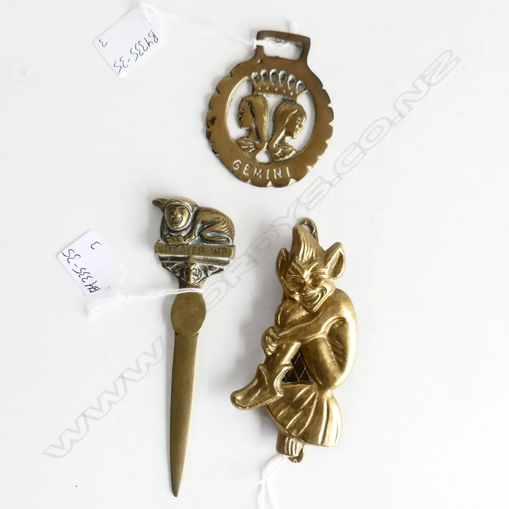 BRASS IMP THEMED DOOKNOCKER 'CHESTER IMP' LETTER OPENER + GEMINI HORSE BRASS.  Image 1++