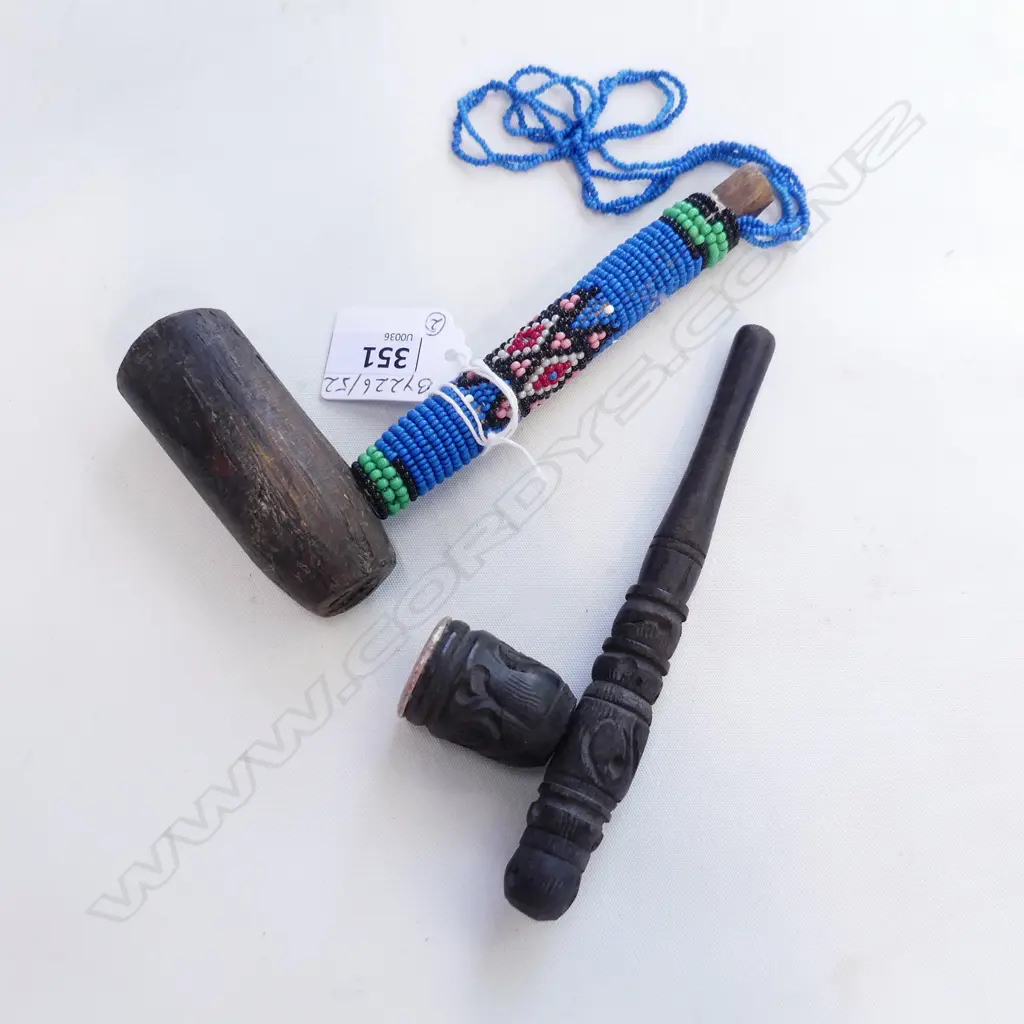 TWO OLD WOODEN PIPES, ONE CARVED & ONE WITH BEADED STEM, L.150 & 145MM   Image 1++