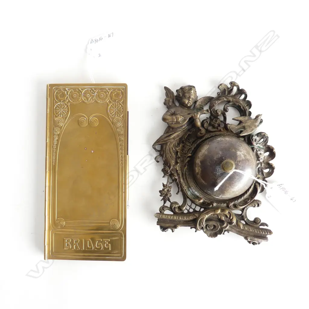 METAL WALL BELL w angel & dove (not working) & BRASS 'BRIDGE' CASE Image 1++
