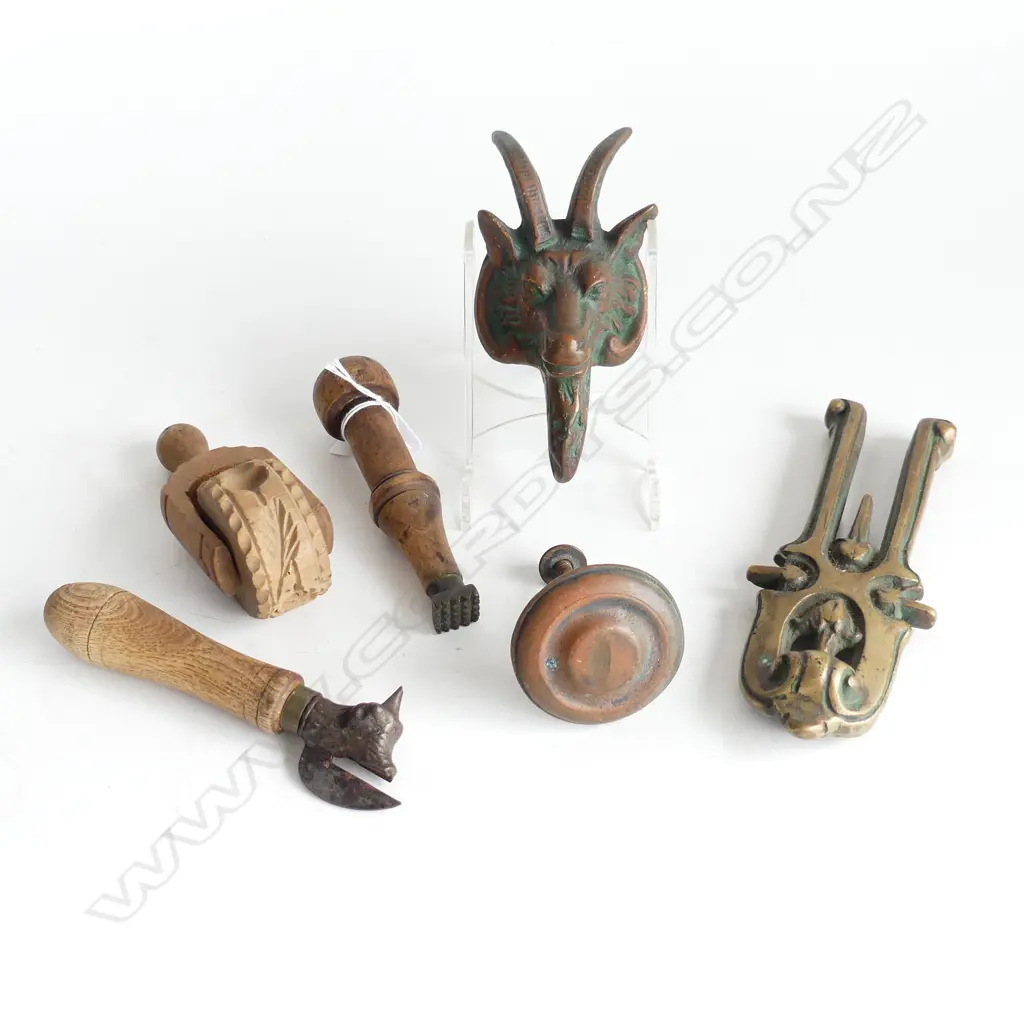 6 PCES; PASTRY STAMP & ROLLER, BULLY BEEF CAN OPENER, 2 BRASS DOOR KNOCKERS: GOATS HEAD, OTHER Image 1++