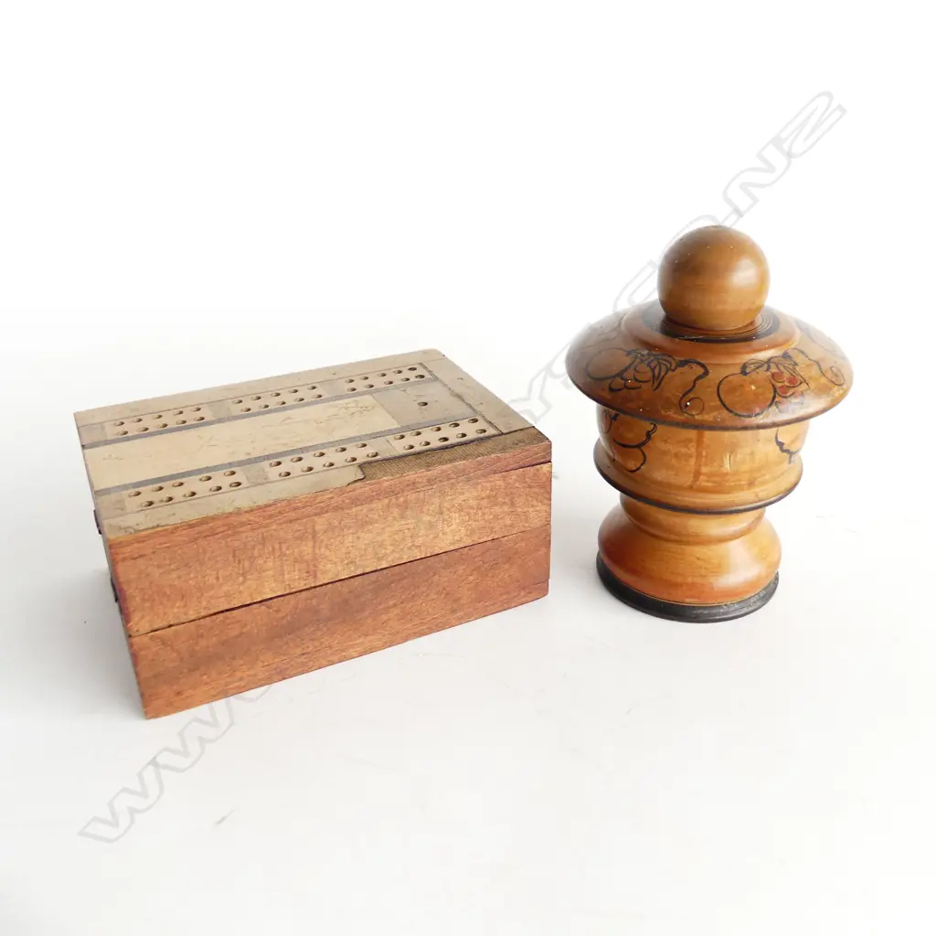 UNUSUAL WOODEN BALL GAME TURNED WOOD + SMALL FOLDING OLD CHECKERS SET.  Image 1++