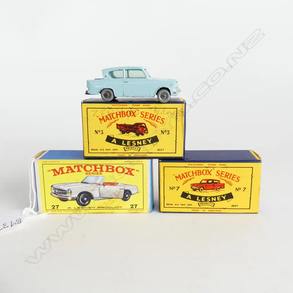 THREE BOXED MATCHBOX CARS, TWO FROM 1961 ANGLIA&BEDFORD TRUCK + C1965 E4 FLAP 27 MERCEDES 230SL Image 1++
