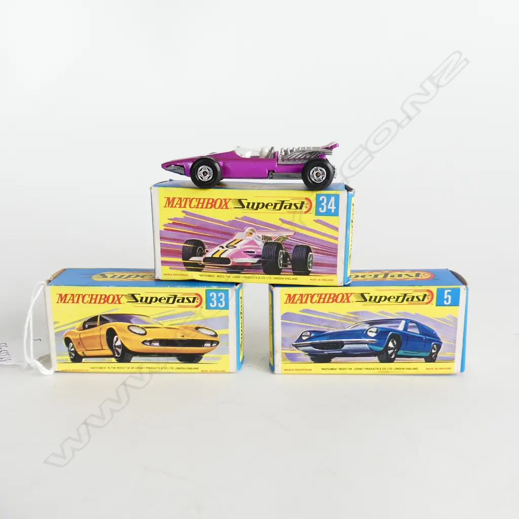 THREE BOXED MATCHBOX CARS, SUPERFAST POST 1969, FORMULA 1  34 LAMBORGHINI 33 LOTUS NO 5  Image 1++