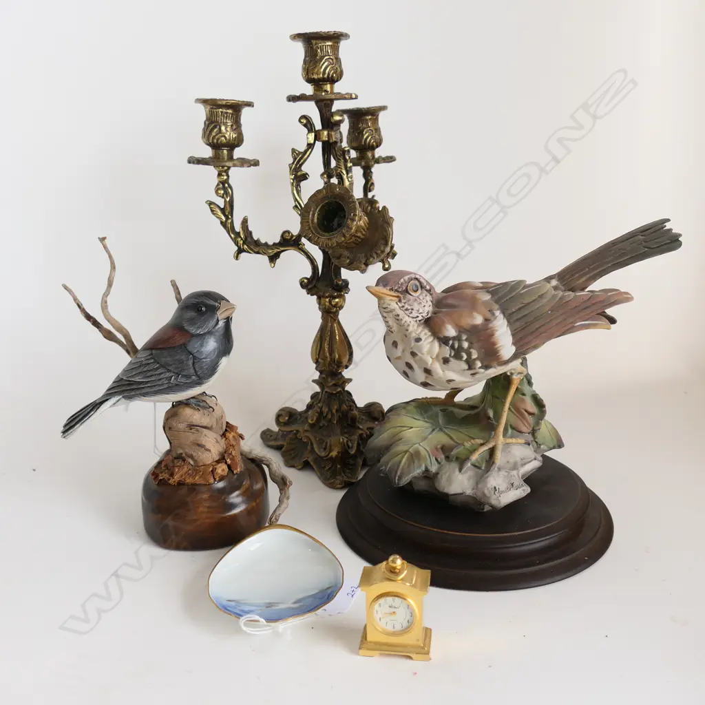 2 BIRDS; WOODEN & EDOARDO TASCA, B&G DISH, BRASS CANDLEABRA AF  AND MINATURE CLOCKH.300mm Image 1++